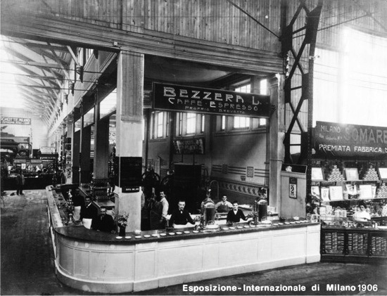 Bezzera’s espresso machine at the 1906 Milan Fair.