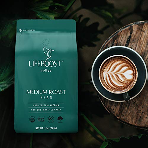 Lifeboost Coffee Whole Bean Medium Roast Coffee - Low Acid Single Origin USDA Organic Coffee - Non-GMO Coffee Beans Third Party Tested For Mycotoxins & Pesticides - 12 Ounces
